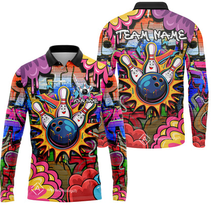 Custom Street Graffiti Bowling Team Jerseys Polo Shirts, Bowling uniforms, Street Graffiti Colorful Bowling Personalized Name And Team Name 