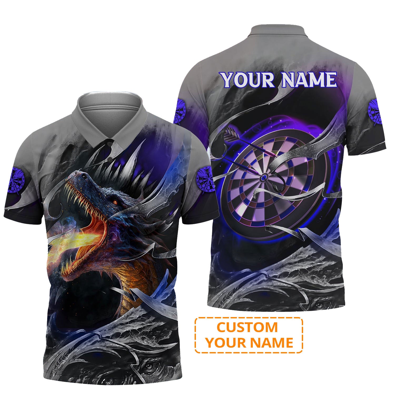 Customized Name Darts Men Polo Shirt, Bullseye Dartboard Personalized Flame Dragon And Darts Polo Shirt - Gift For Darts Players, Darts Lovers