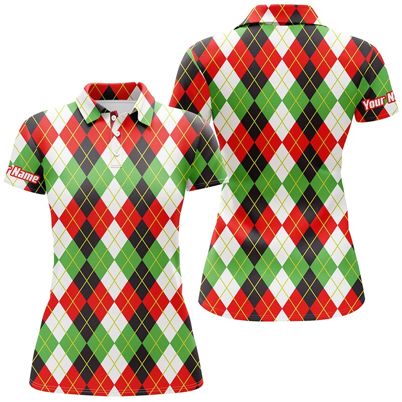 Customized Name Golf Women Polo Shirts, Christmas Plaid Argyle Pattern Personalized Christmas Gifts - Perfect Gift For Ladies, Golfers, Golf Lovers
