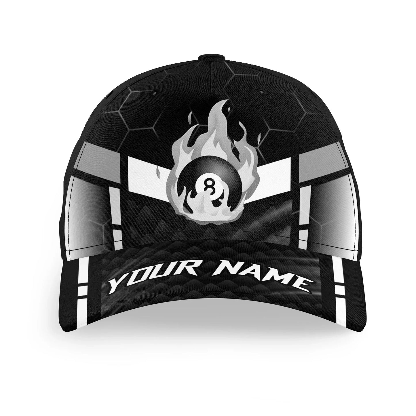 Customized Billiard Cap, Billiard Pool White Black Fire 8 Ball Personalized Name 3D Hats, Best Billiard Pool Hat For Billiard Players