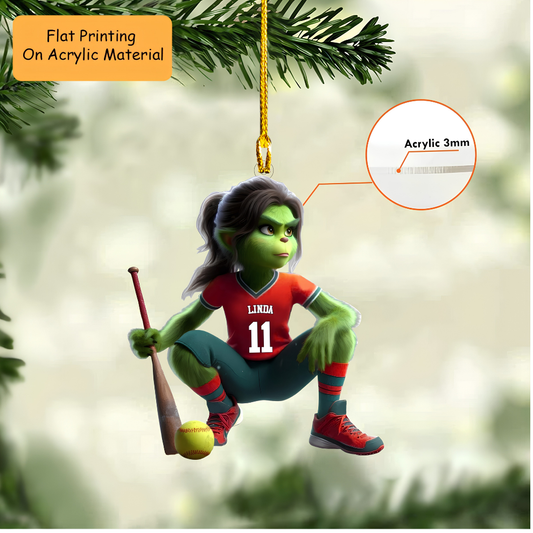 Personalized Softball Christmas Ornament, Jersey Female Green Mascot, Custom Ornament Christmas Gift, Keychain Softball, Car Ornament Softball