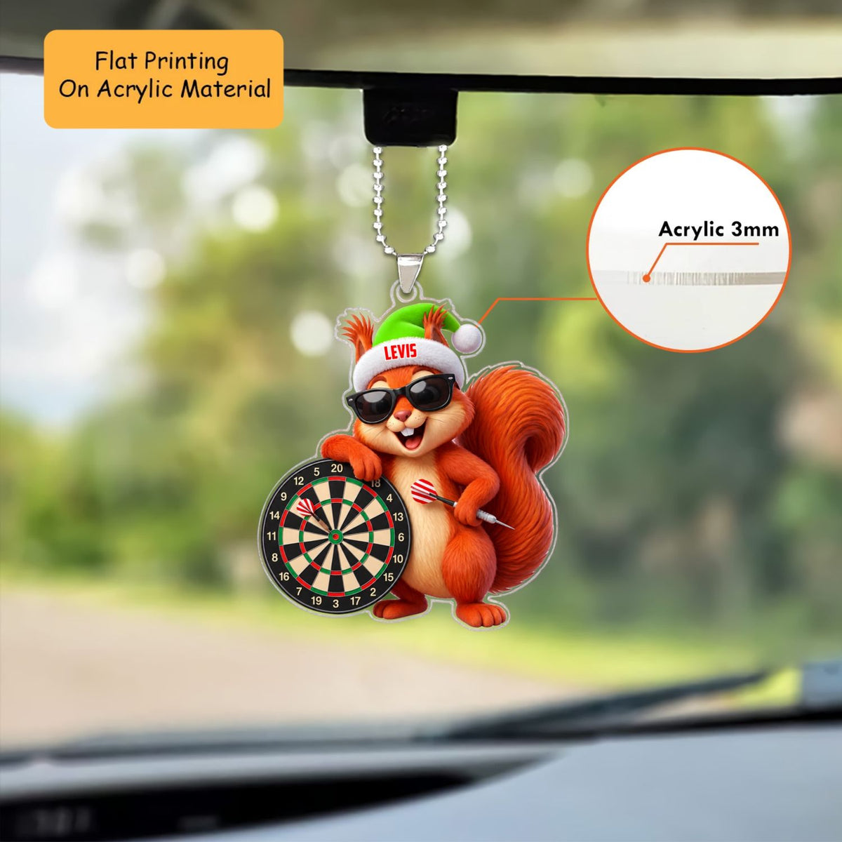 Personalized Darts Christmas Ornament, Cool Squirrel With Sunglasses And Dartboard, Custom Ornament Christmas Gift, Keychain Darts, Car Ornament Darts