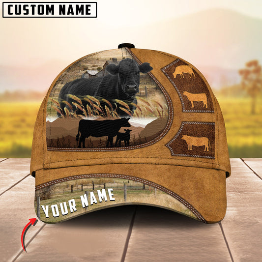 Customized Black Angus Cattle Caps, Black Angus On Farm Cow Pattern Light Brown Hats, Best Farm Hat For Men Women Farmer