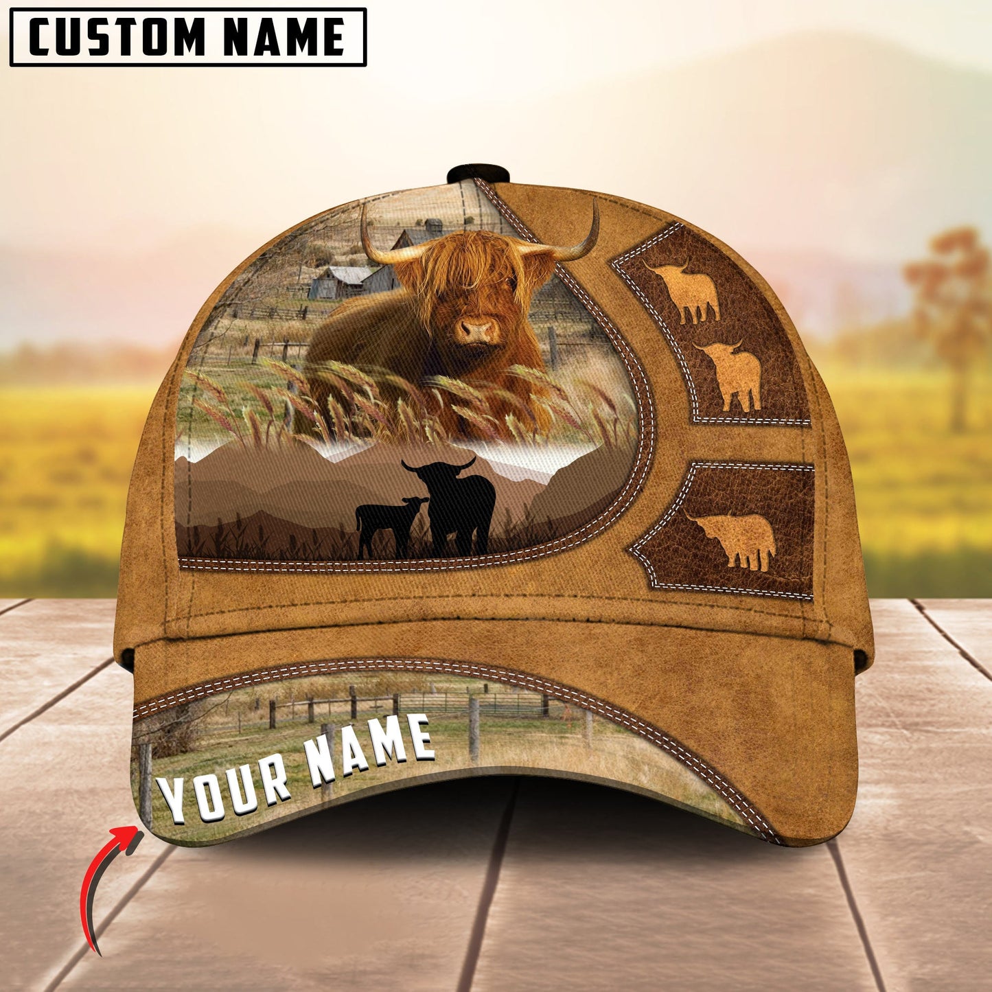 Customized Highland Cattle Caps, Highland On Farm Cow Pattern Light Brown Hats, Best Farm Hat For Men Women Farmer