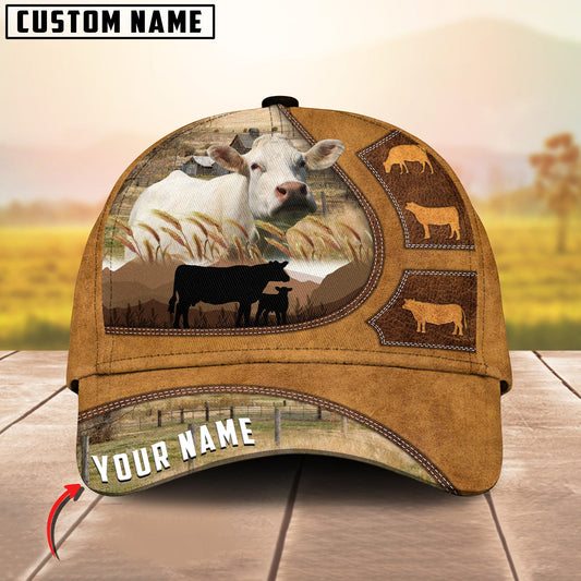 Customized Charolais Cattle Caps, Charolais On Farm Cow Pattern Light Brown Hats, Best Farm Hat For Men Women Farmer