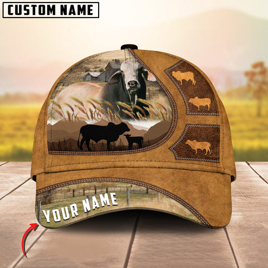 Customized Brahman Cattle Caps, Brahman Cow On Farm Brown Pattern Hats, Best Farm Hat For Men Women Farmer