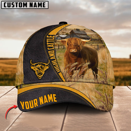 Customized Highland Cattle Caps, Highland Cow On Farm Black And Yellow Hats, Best Farm Hat For Men Women Farmer