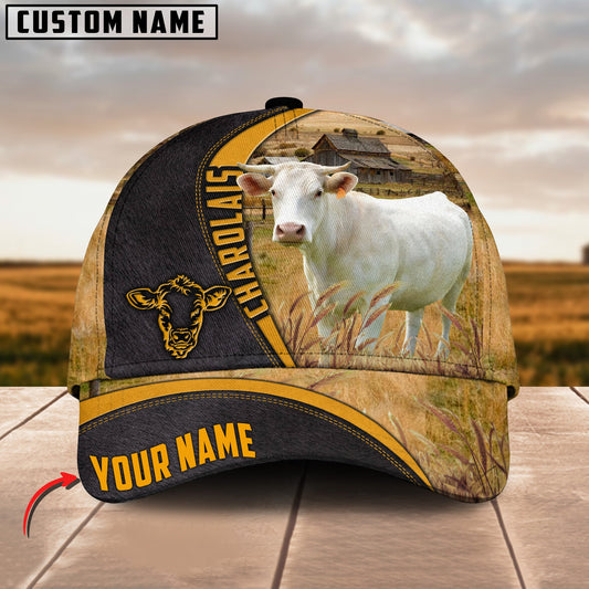 Customized Charolais Cattle Caps, Charolais Cow On Farm Black And Yellow Hats, Best Farm Hat For Men Women Farmer
