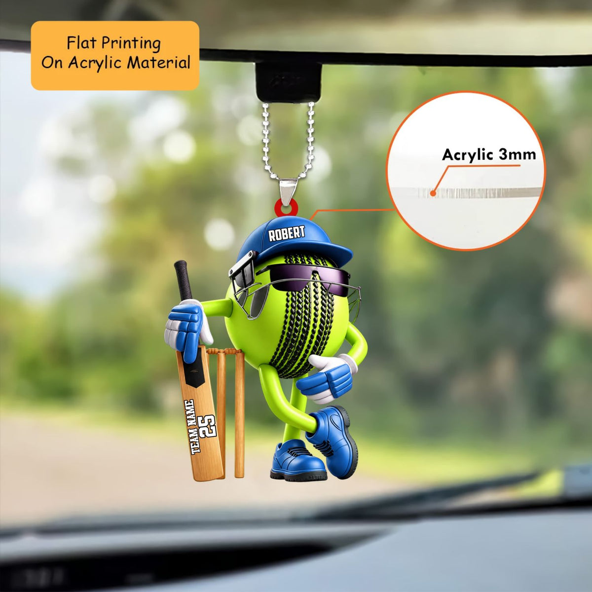 Personalized Cricket Christmas Ornament, Cool Ball Mascot With Bat And Wickets, Custom Ornament Christmas Gift, Keychain Cricket, Car Cricket Ornament 