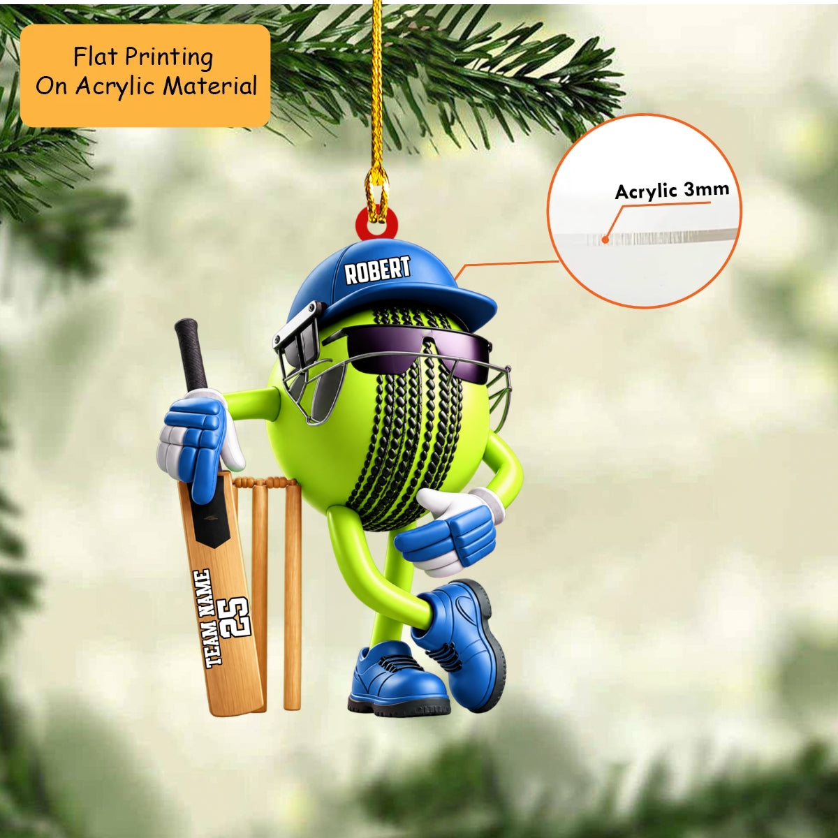 Personalized Cricket Christmas Ornament, Cool Ball Mascot With Bat And Wickets, Custom Ornament Christmas Gift, Keychain Cricket, Car Cricket Ornament 
