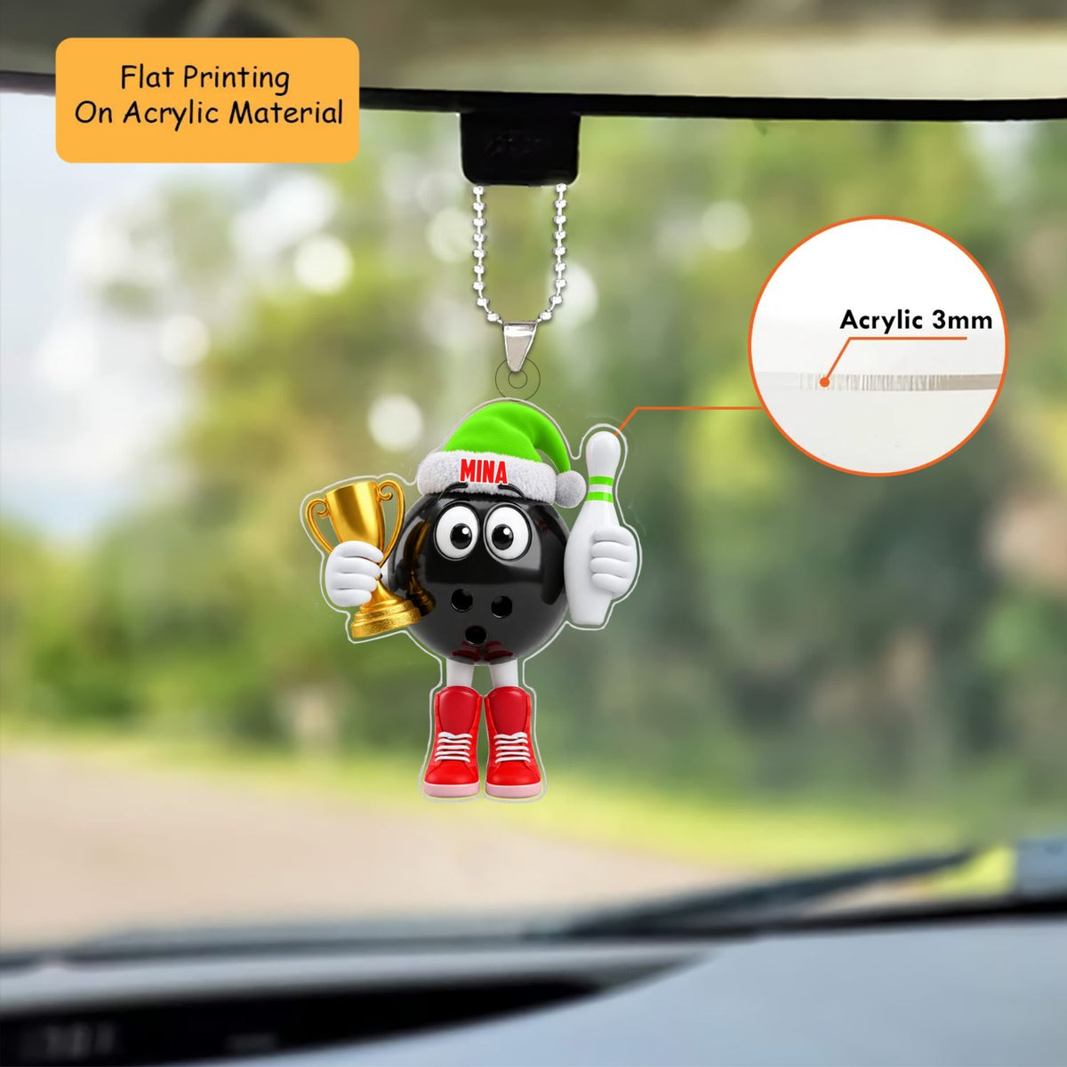 Personalized Bowling Champion Christmas Ornament, Black Ball Mascot Holding Trophy And Pin, Custom Ornament Christmas Gift, Keychain Bowling, Car Ornament Bowling