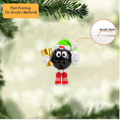 Personalized Bowling Champion Christmas Ornament, Black Ball Mascot Holding Trophy And Pin, Custom Ornament Christmas Gift, Keychain Bowling, Car Ornament Bowling