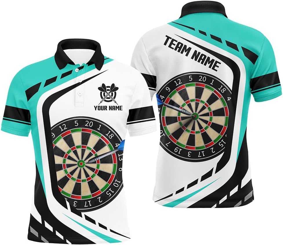 Dartboard Pattern Custom Darts Team Jersey Polo Quarter-Zip Shirts Turquoise, Customized Name Team Name Darts Team Jerseys Uniform