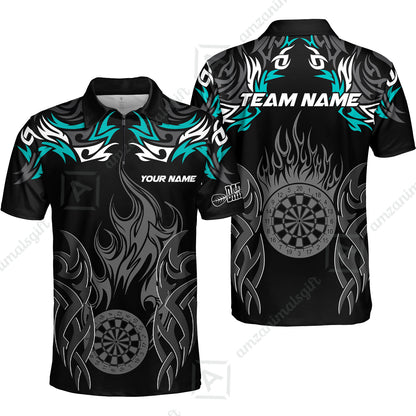 Customized Darts Quarter-Zip Polo Shirt, Dartboard Fire Flame Darts Zip Polo Shirts Team Style Jersey for Darts Players