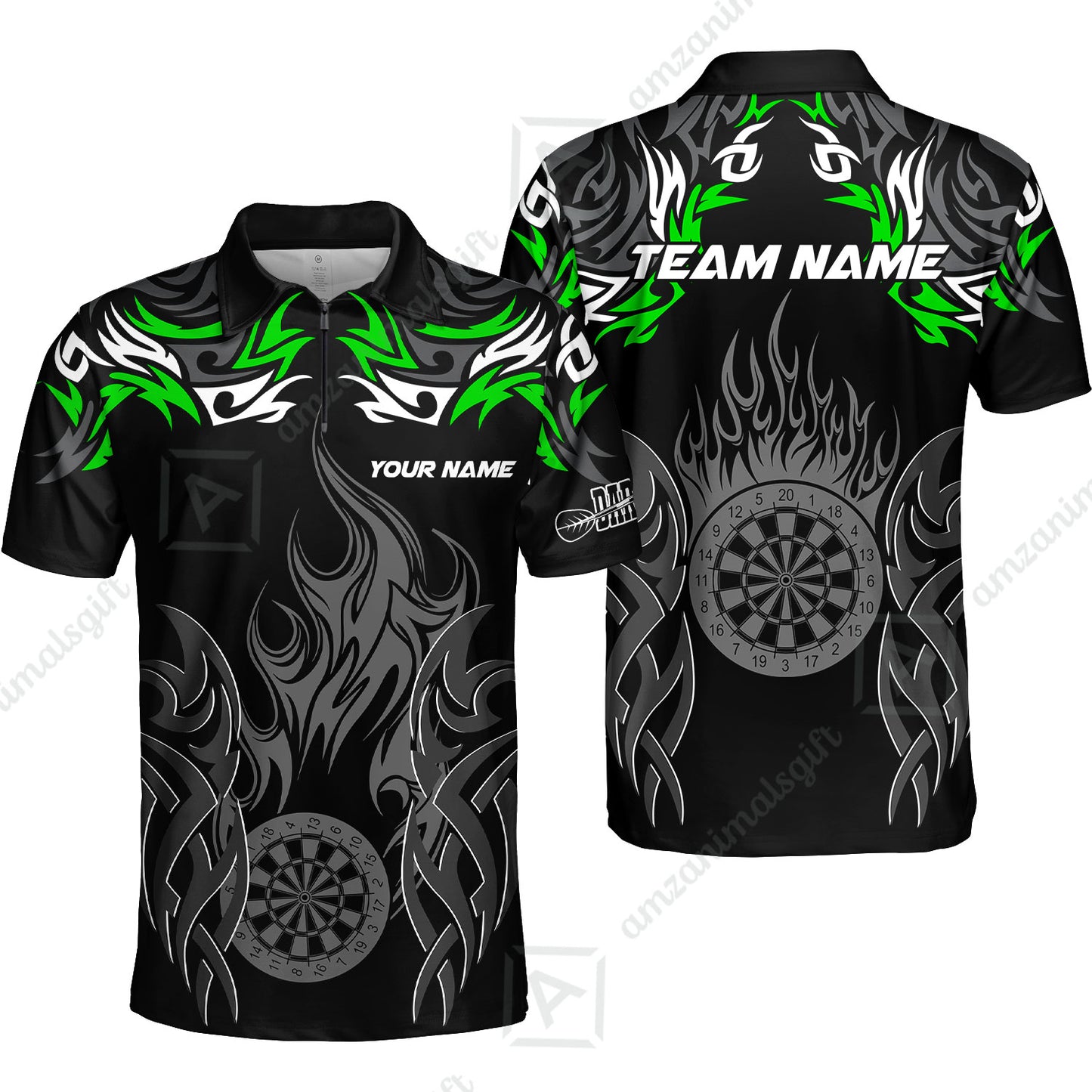 Customized Darts Quarter-Zip Polo Shirt, Dartboard Fire Flame Darts Zip Polo Shirts Team Style Jersey for Darts Players