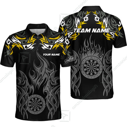 Customized Darts Quarter-Zip Polo Shirt, Dartboard Fire Flame Darts Zip Polo Shirts Team Style Jersey for Darts Players