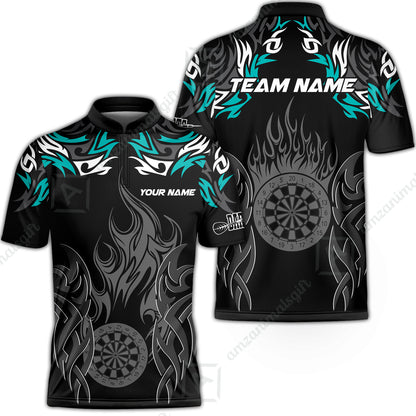 Customized Darts Stand Collar Quarter-Zip Shirt, Dartboard Fire Flame Darts Team Style Jersey for Darts Players
