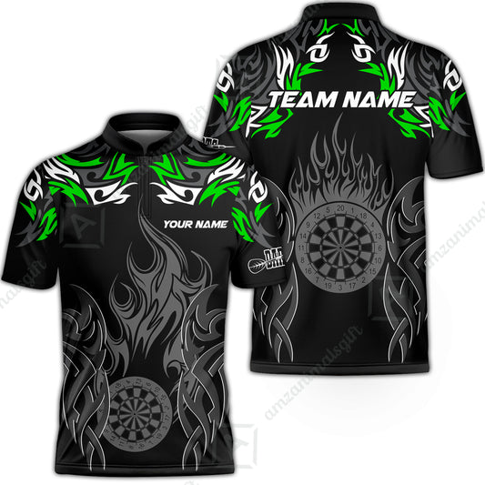 Customized Darts Stand Collar Quarter-Zip Shirt, Dartboard Fire Flame Darts Team Style Jersey for Darts Players