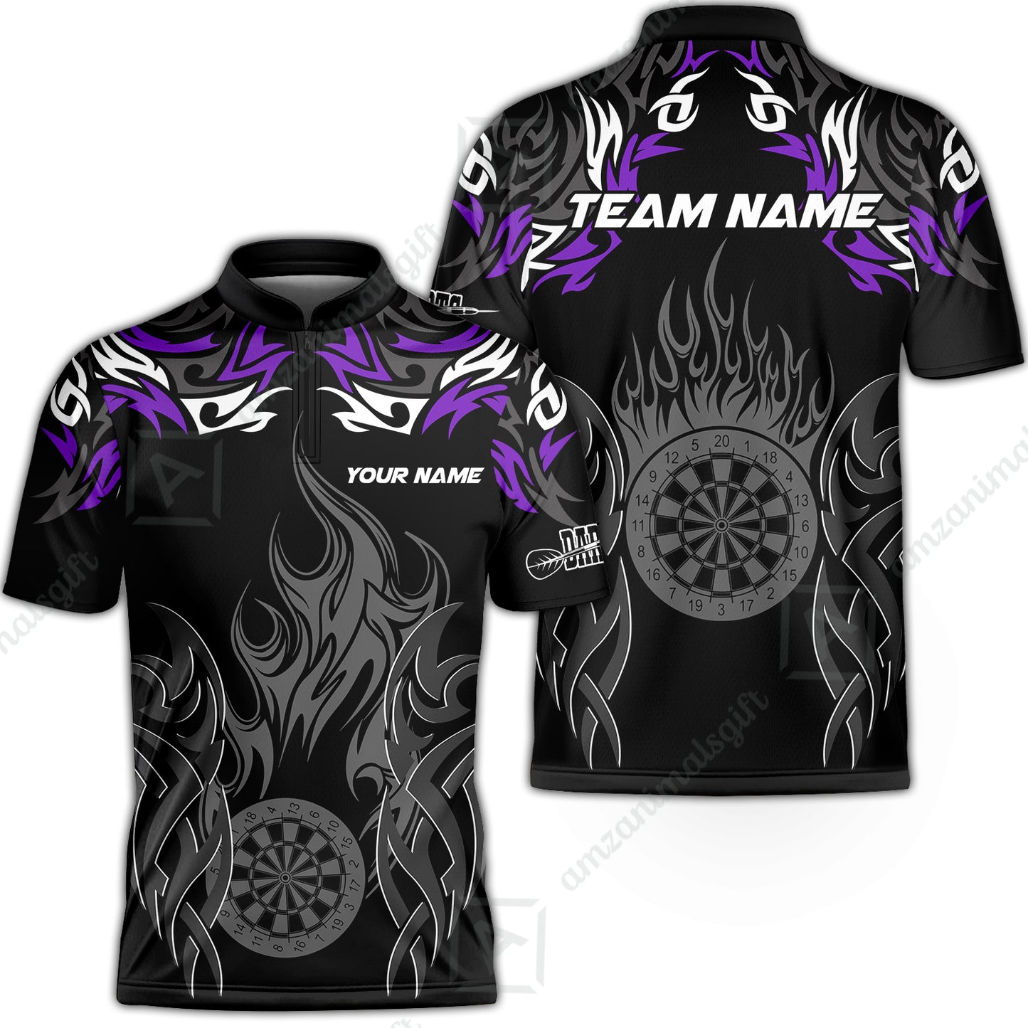 Customized Darts Stand Collar Quarter-Zip Shirt, Dartboard Fire Flame Darts Team Style Jersey for Darts Players