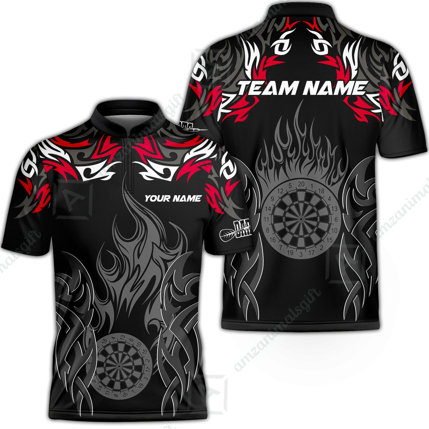 Customized Darts Stand Collar Quarter-Zip Shirt, Dartboard Fire Flame Darts Team Style Jersey for Darts Players