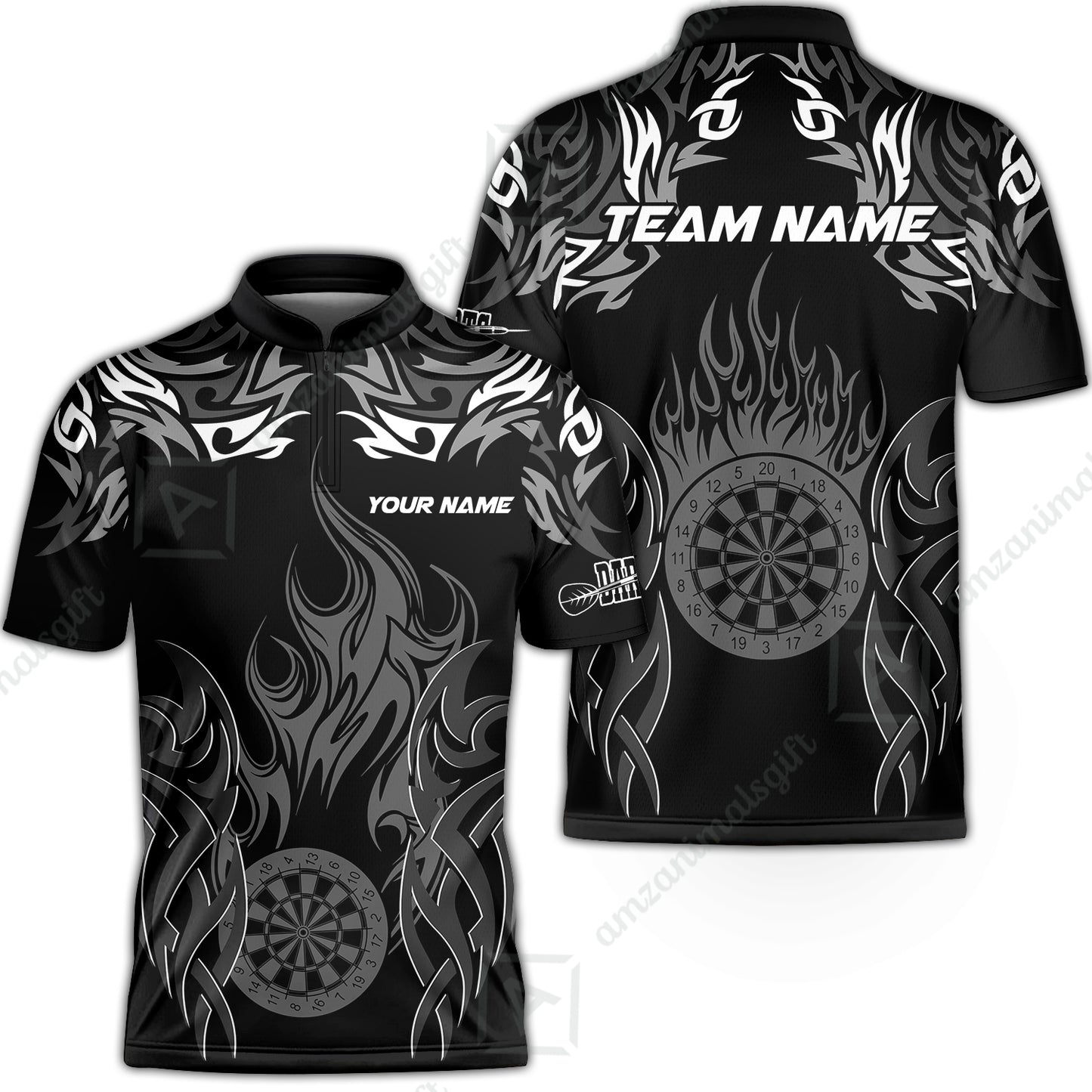 Customized Darts Stand Collar Quarter-Zip Shirt, Dartboard Fire Flame Darts Team Style Jersey for Darts Players