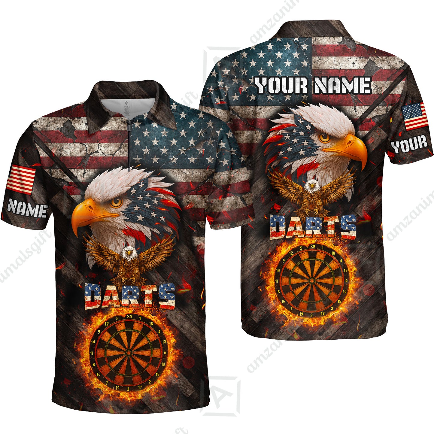 Customized American Flag Darts Polo Shirt, Darts Dartboard Fire Flame Eagle Style Jersey Polo Shirt for Darts Players