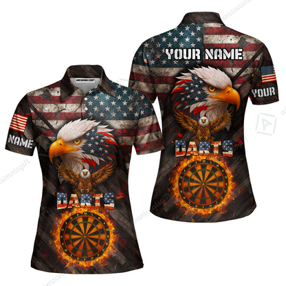 Customized American Flag Darts Polo Shirt, Darts Dartboard Fire Flame Eagle Style Jersey Polo Shirt for Darts Players