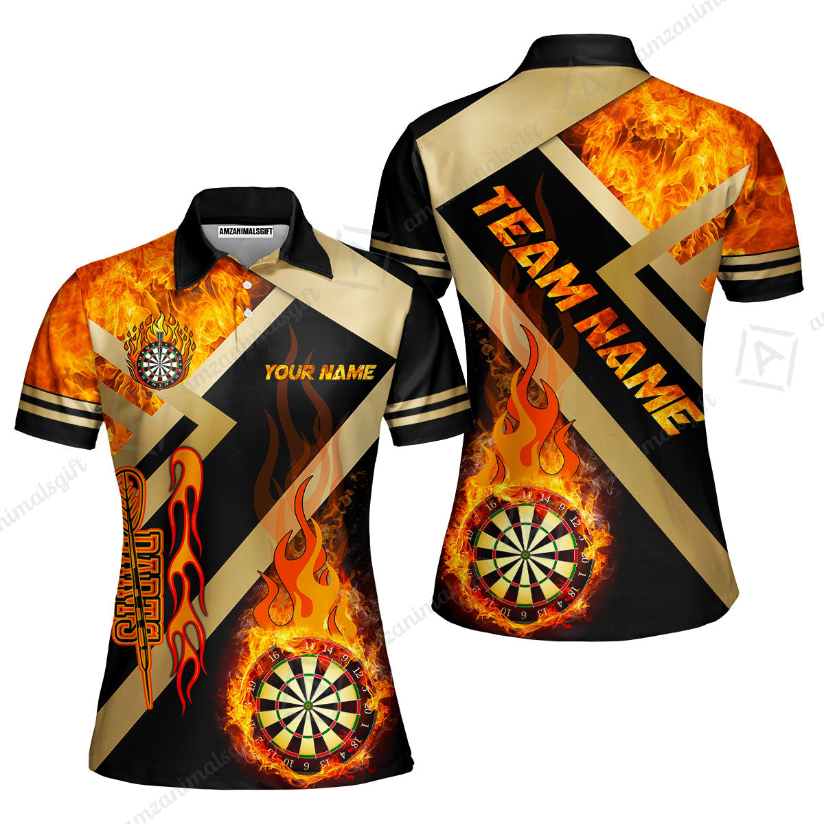 Customized Darts Women Polo Shirt, Darts Dartboard Fire Flame Multicolor Team Women Polo Shirt Jersey For Darts Players