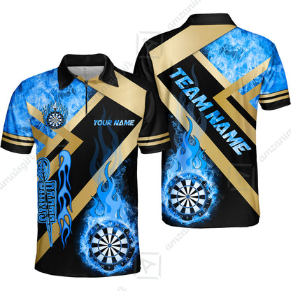 Customized Darts Quarter-Zip Polo Shirt, Darts Dartboard Fire Flame Multicolor Zip Polo Shirt Jersey For Darts Players