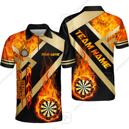 Customized Darts Quarter-Zip Polo Shirt, Darts Dartboard Fire Flame Multicolor Zip Polo Shirt Jersey For Darts Players