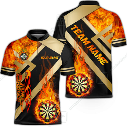 Customized Darts Stand Collar Quarter-Zip Shirt, Darts Dartboard Fire Flame Multicolor Team Jersey For Darts Players
