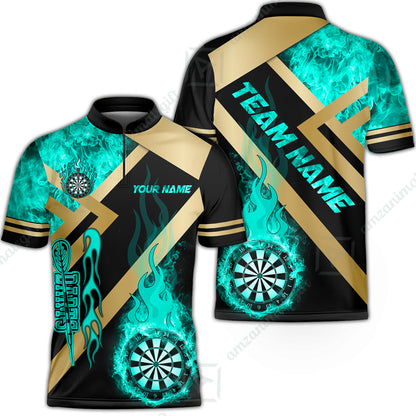 Customized Darts Stand Collar Quarter-Zip Shirt, Darts Dartboard Fire Flame Multicolor Team Jersey For Darts Players
