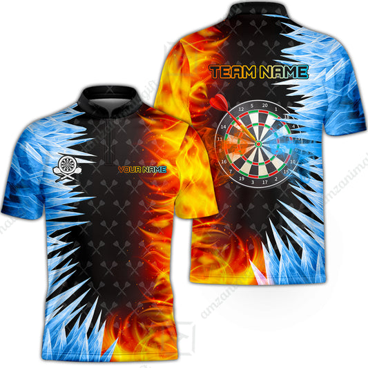 Customized Darts Stand Collar Quarter-Zip Shirt, Darts Dartboard Ice And Fire Multicolor Team Jersey For Darts Players