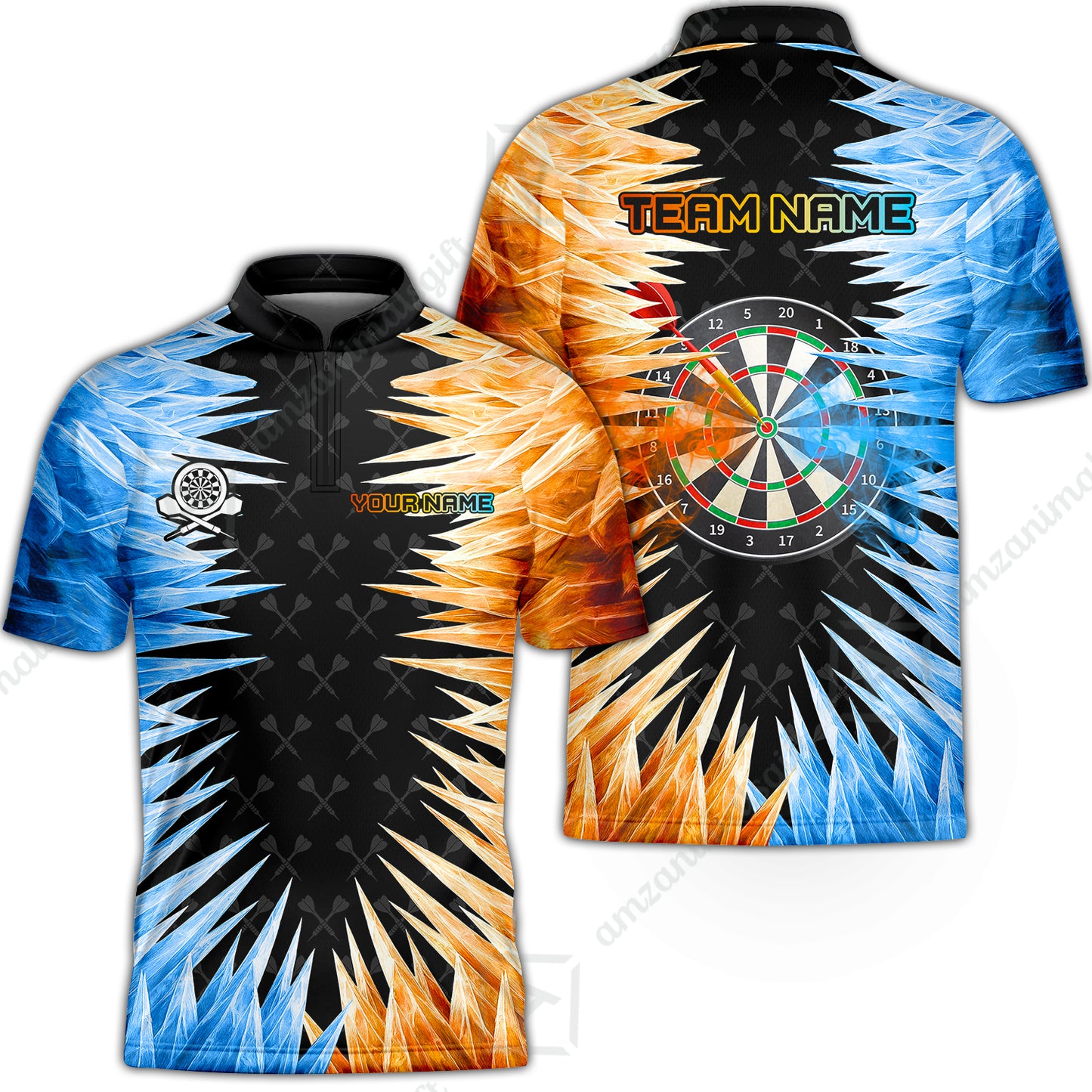 Customized Darts Stand Collar Quarter-Zip Shirt, Darts Dartboard Ice And Fire Multicolor Team Jersey For Darts Players