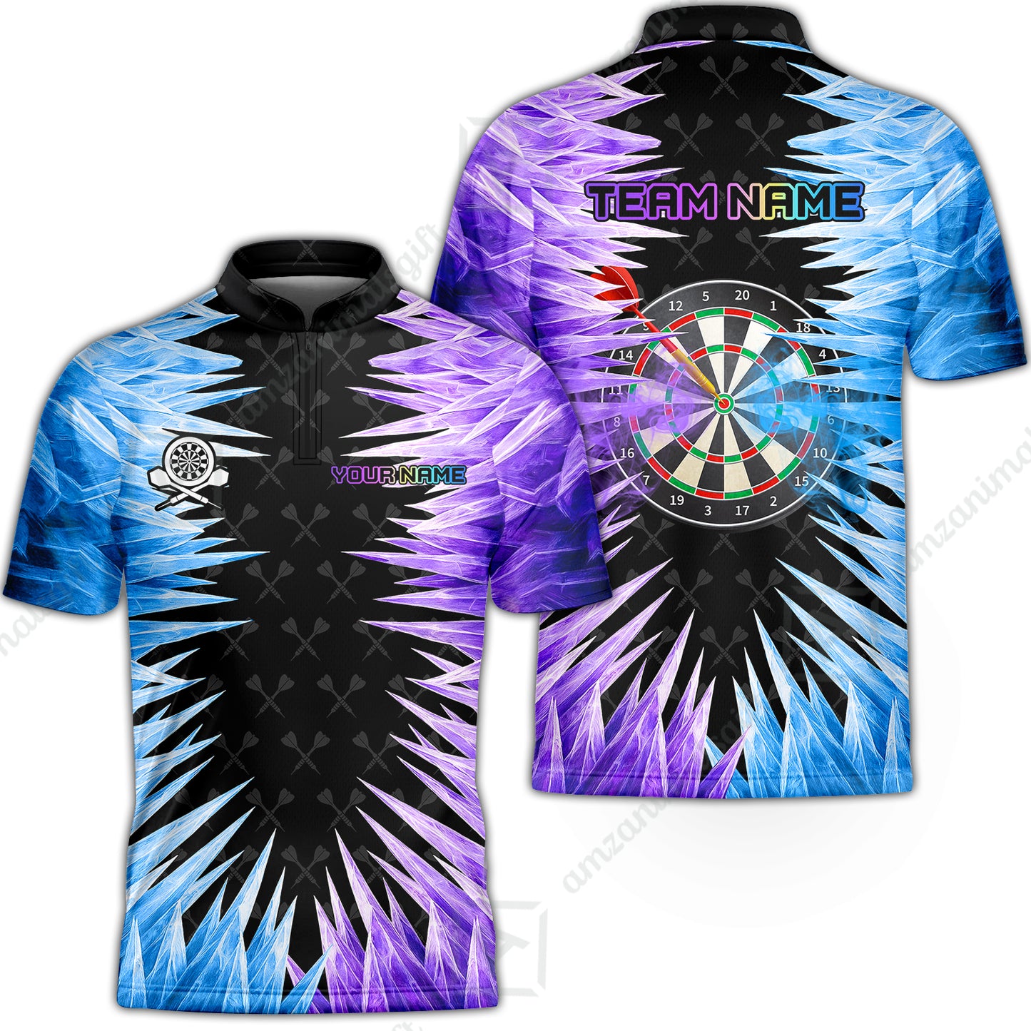 Customized Darts Stand Collar Quarter-Zip Shirt, Darts Dartboard Ice And Fire Multicolor Team Jersey For Darts Players