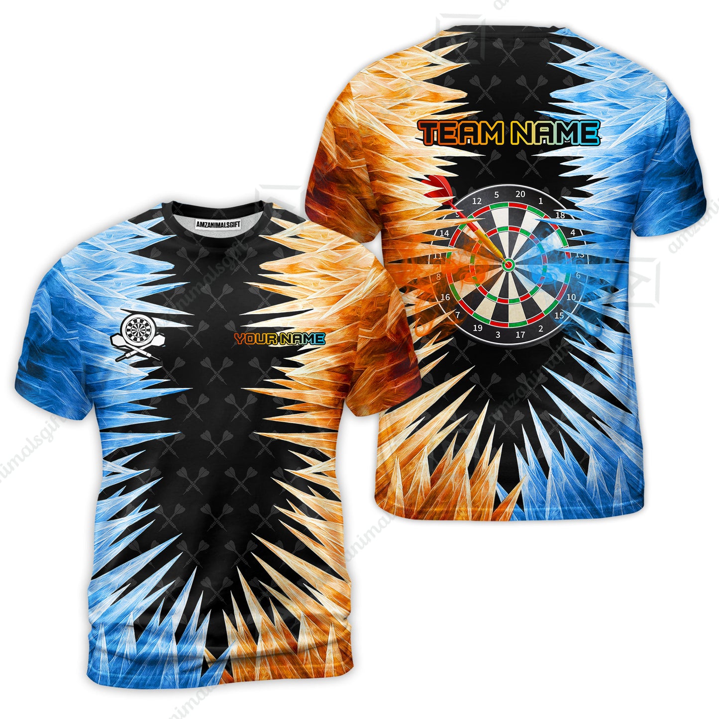 Customized Darts T-Shirt, Darts Dartboard Ice And Fire Multicolor Custom Darts T-Shirt Team Jersey For Darts Players