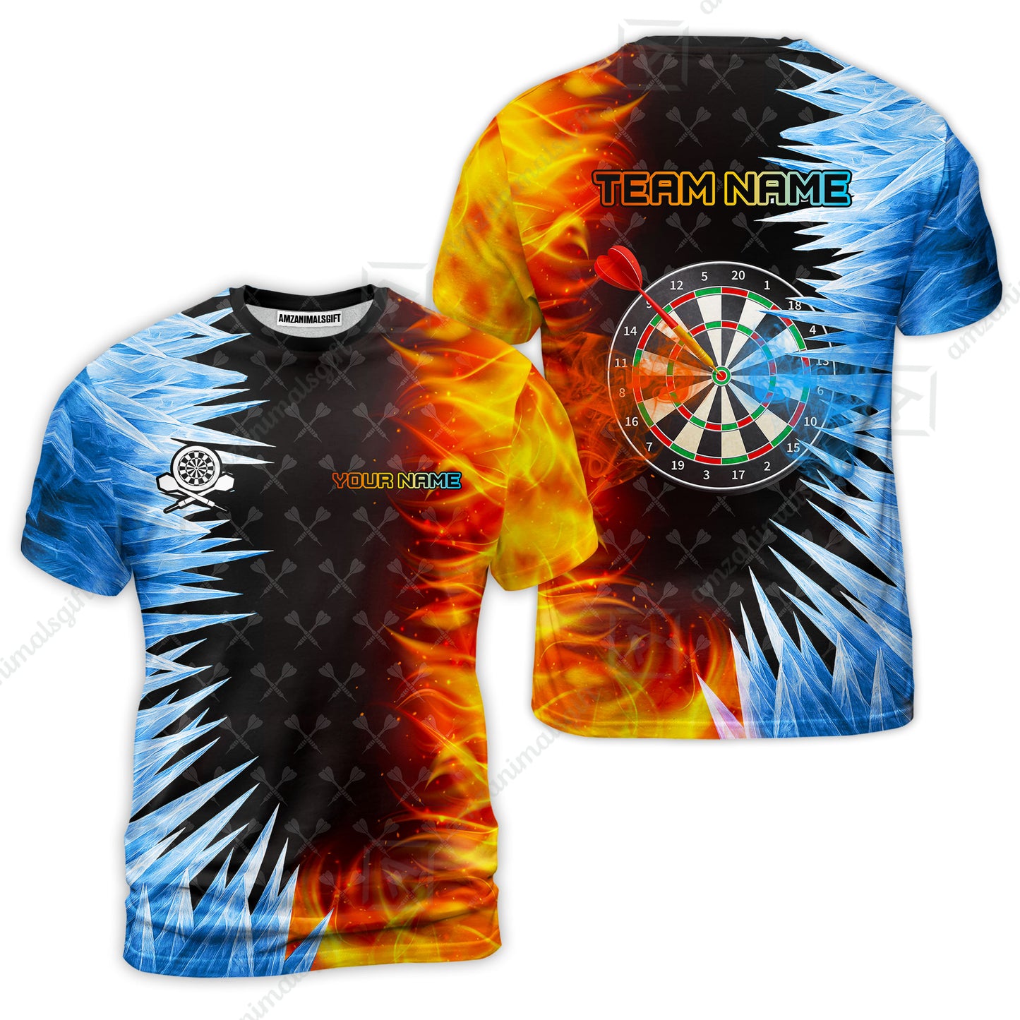 Customized Darts T-Shirt, Darts Dartboard Ice And Fire Multicolor Custom Darts T-Shirt Team Jersey For Darts Players