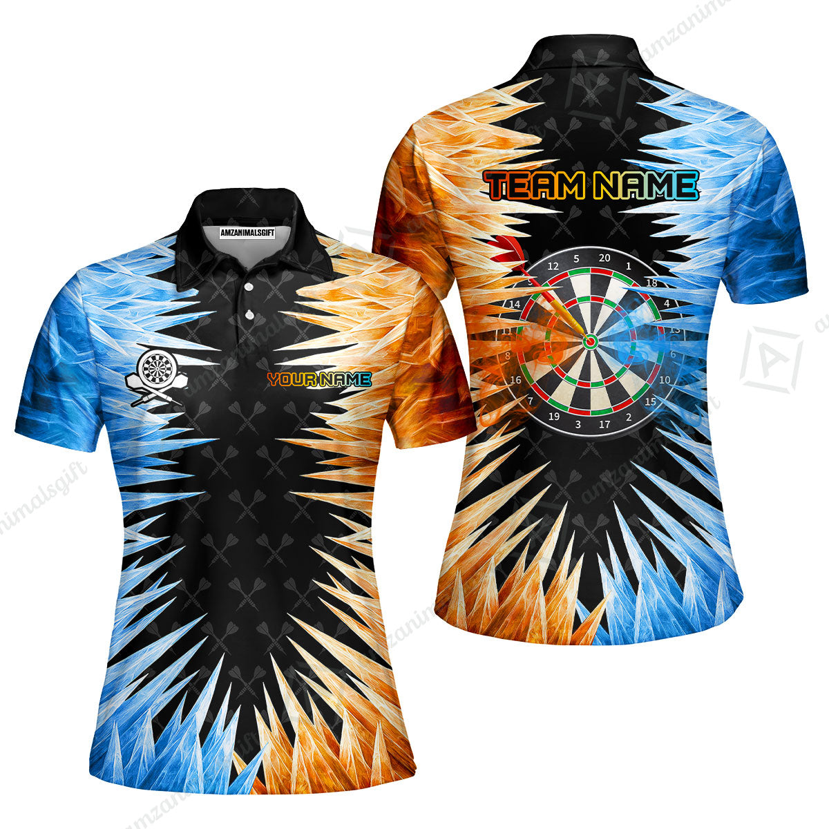 Customized Darts Women Polo Shirt, Darts Dartboard Ice And Fire Multicolor Women Polo Shirts Jersey For Darts Players