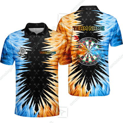 Customized Darts Quarter-Zip Polo Shirt, Darts Dartboard Ice And Fire Multicolor Team Zip Polo Jersey For Darts Players