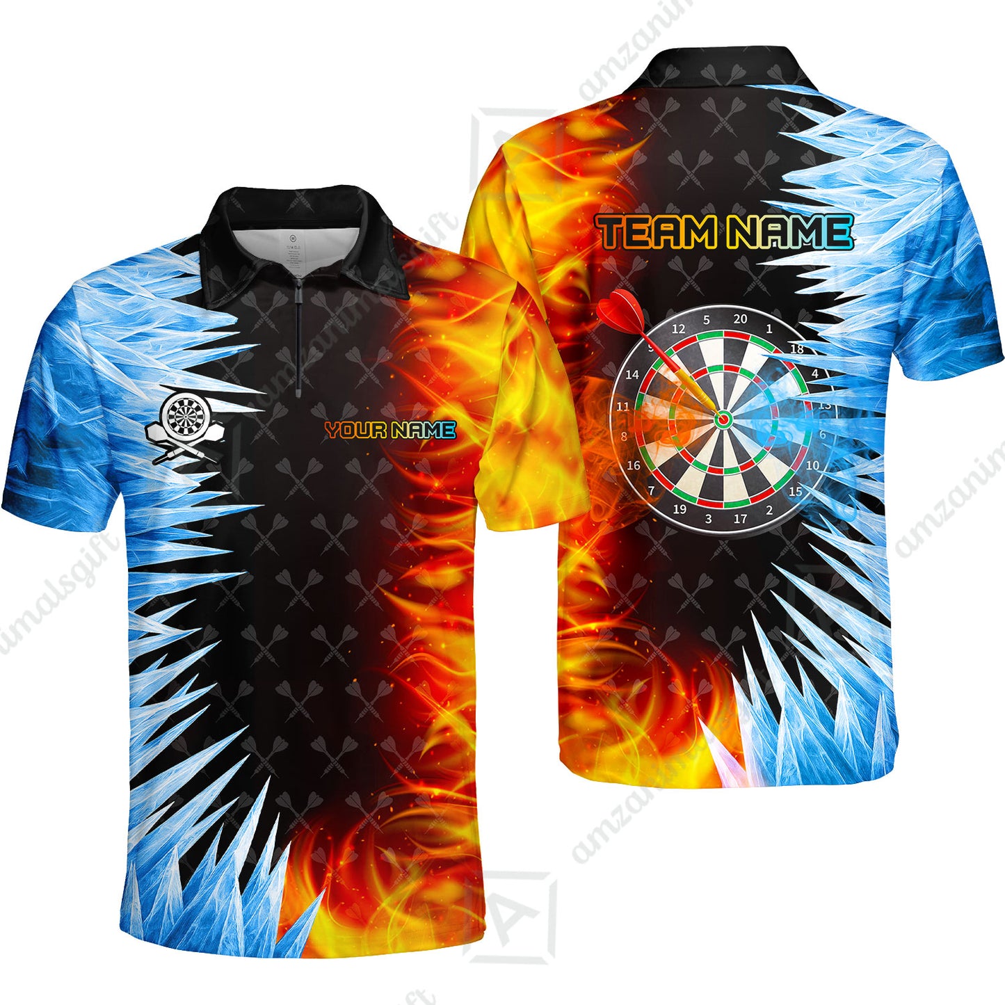 Customized Darts Quarter-Zip Polo Shirt, Darts Dartboard Ice And Fire Multicolor Team Zip Polo Jersey For Darts Players