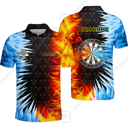 Customized Darts Quarter-Zip Polo Shirt, Darts Dartboard Ice And Fire Multicolor Team Zip Polo Jersey For Darts Players