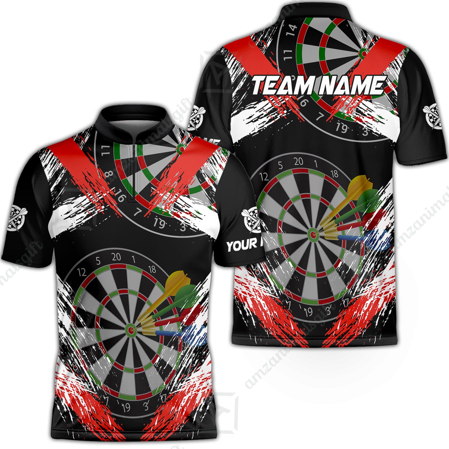 Customized Darts Stand Collar Quarter-Zip Shirt, Darts Tournament Grunge Style Multicolor Team Jersey For Darts Player