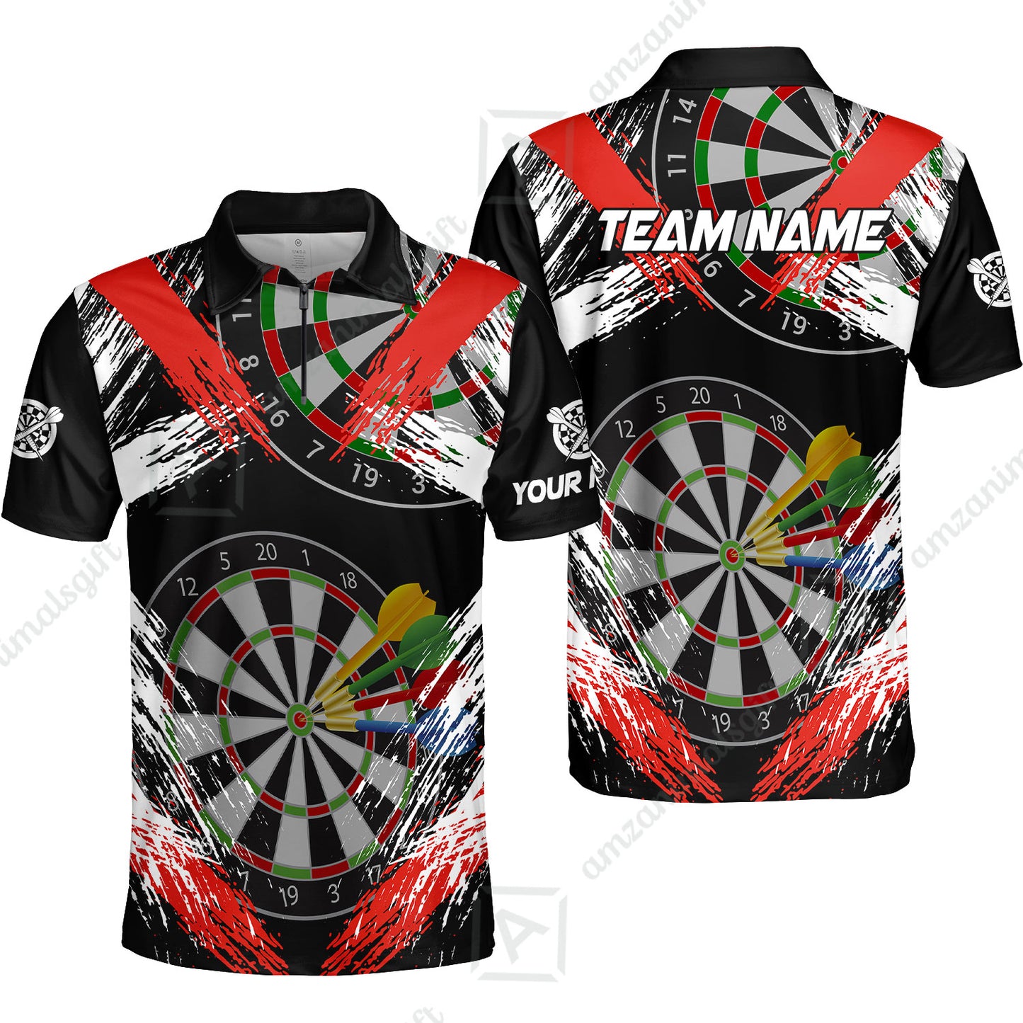 Customized Darts Quarter-Zip Polo Shirt, Darts Tournament Grunge Style Multicolor Zip Polo Team Jersey For Darts Player