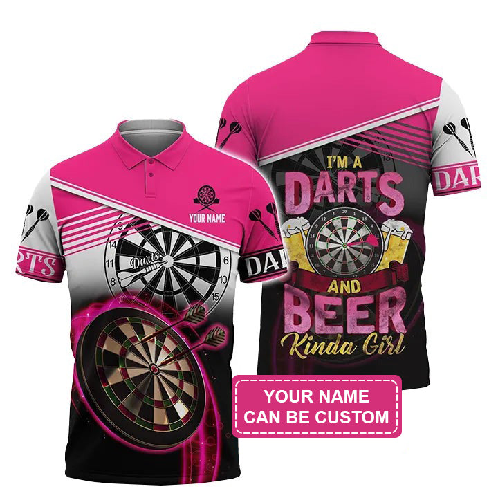 Darts Custom Name Men Polo Shirt, I'm A Darts And Beer Kinda Girl Personalized Pink Men Polo Shirt Gift For Darts Lovers, Friend, Team Player