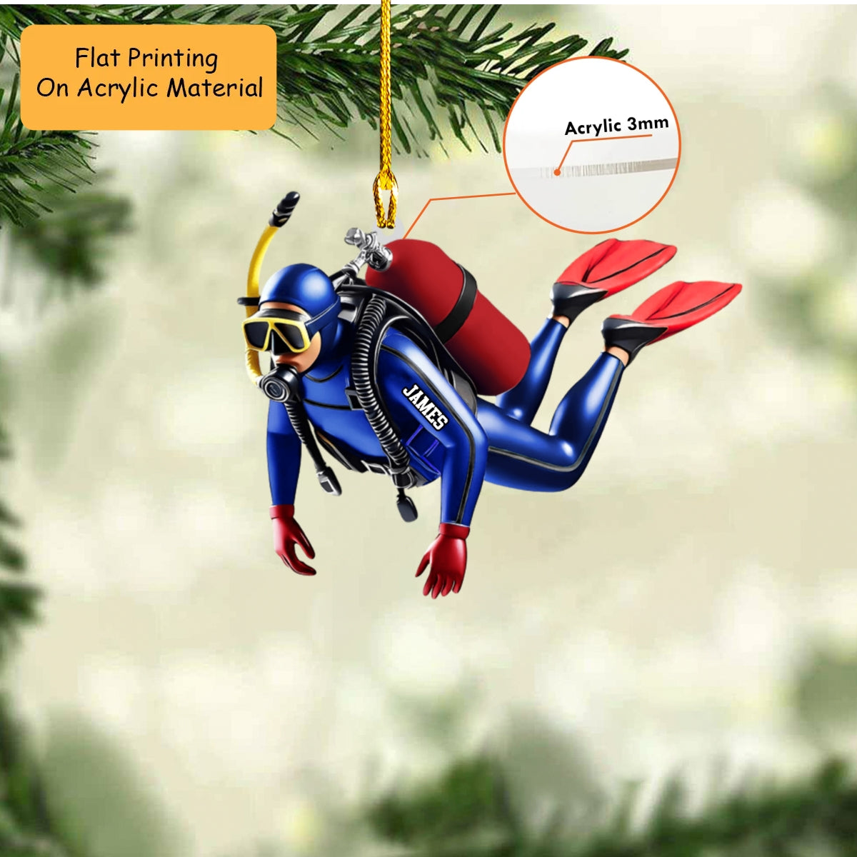 Personalized Scuba Diving Christmas Ornament, Diver In Full Gear Swimming, Custom Ornament Christmas Gift, Keychain Scuba Diving, Car Ornament Scuba Diving 