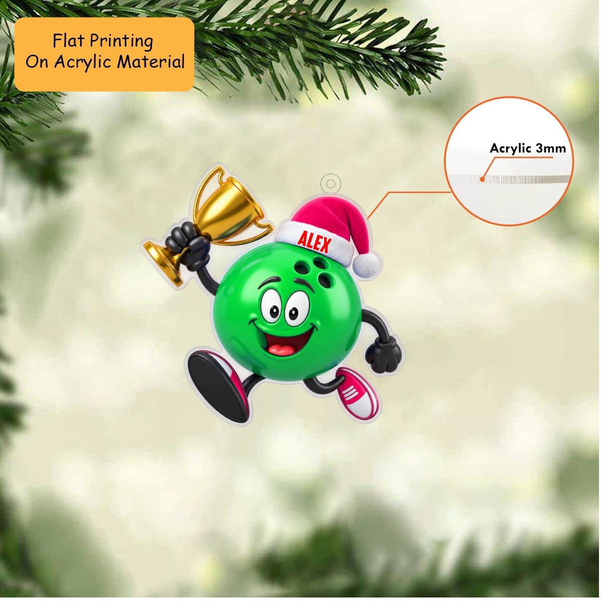 Personalized Bowling Champion Christmas Ornament, Happy Ball Holding Gold Trophy, Custom Ornament Christmas Gift, Keychain Bowling, Car Ornament Bowling
