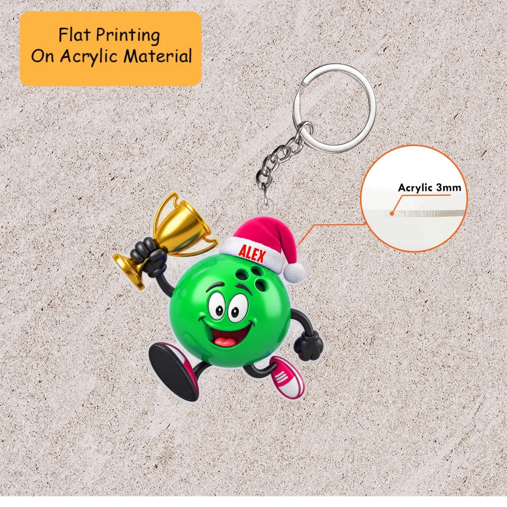 Personalized Bowling Champion Christmas Ornament, Happy Ball Holding Gold Trophy, Custom Ornament Christmas Gift, Keychain Bowling, Car Ornament Bowling