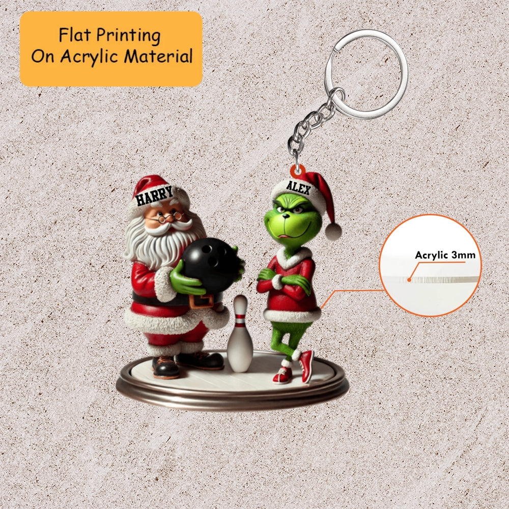 Personalized Christmas Bowling Ornament, Santa Gives Ball For Green Monster Christmas, Custom Ornament Christmas Gift, Keychain Bowling Christmas, Car Ornament Bowling Christmas