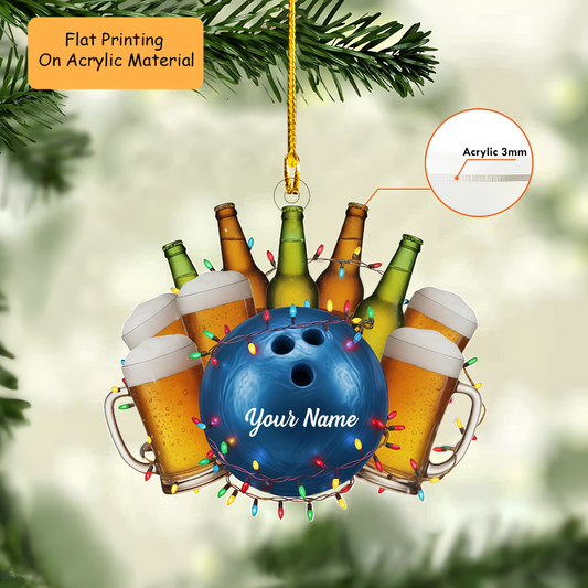 Personalized Bowling and Beer Ornament, Custom Bowling Christmas Gift, Keychain Bowling, Car Ornament Bowling