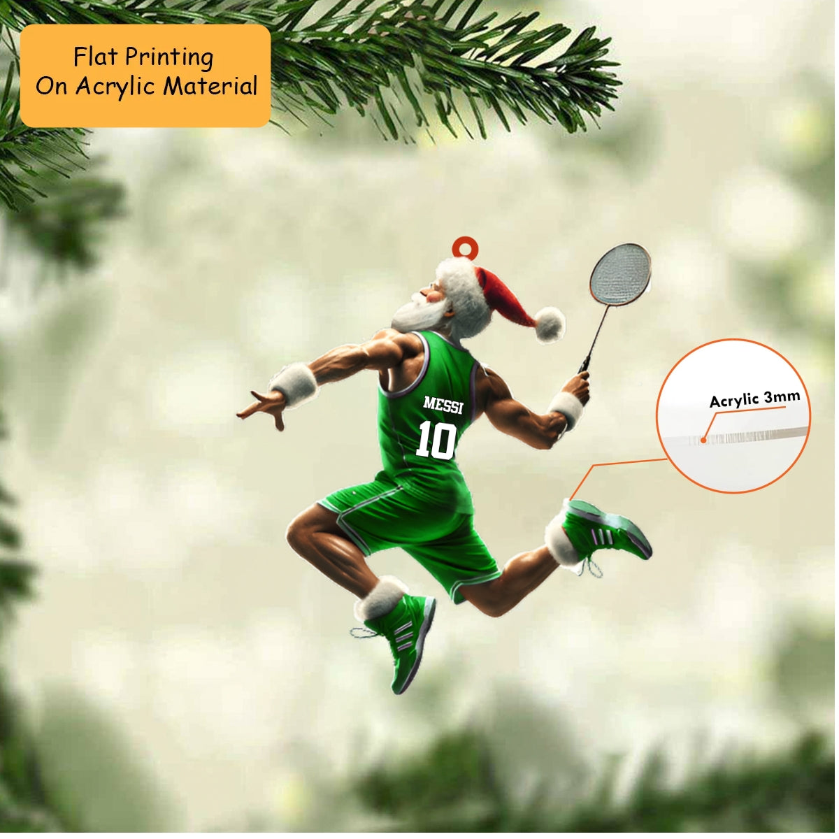Personalized Badminton Christmas Ornament, Muscular Santa Smash, Custom Name Christmas Gift, Keychain, Car Ornament